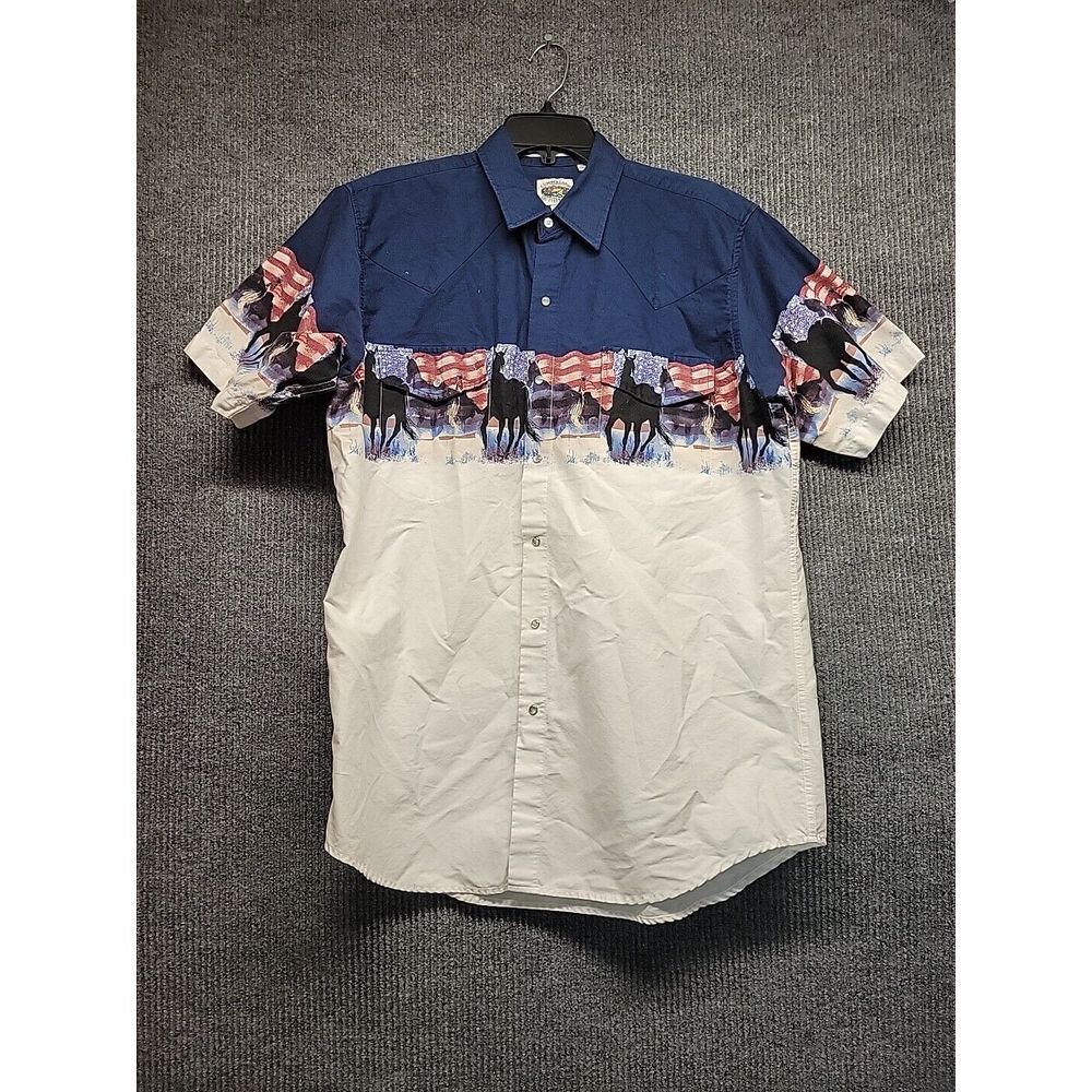 Cumberland Outfitters Mens Large Western Shirt Blue White Horse American Flag L
